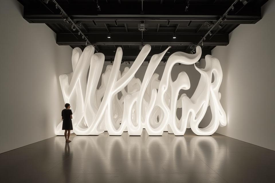 Abstrakt kalligrafisk kunstinstallasjon i stort gallerirom med dynamisk belysning